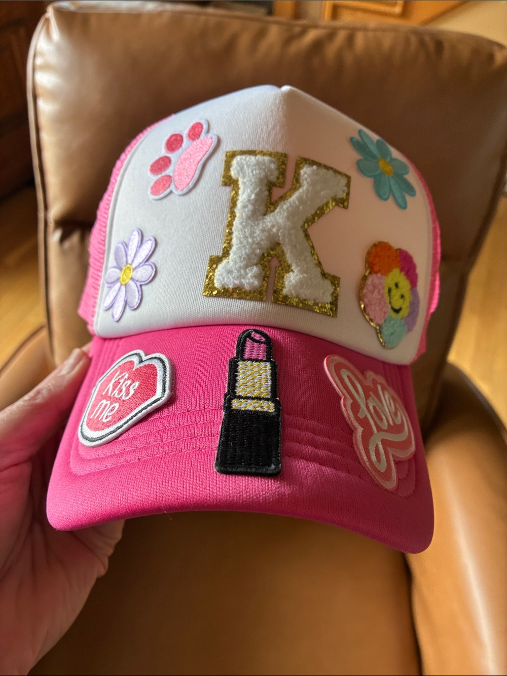 Pink Trucker Hat with Embroidered K Patch & Cute Patches - Picture 6 of 6